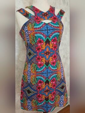 Taylor Colorful Cutout Dress Size 10 Boho Geometric Floral Cotton Blend Statemen
